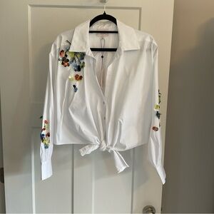 White Tie-Front Embellished Button-Up Shirt - Brand Unspecified